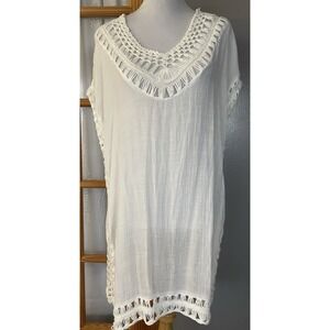 White Tunic Top Swimwear Cover Up XL White Crochet Trim Semi Sheer Beach Coastal